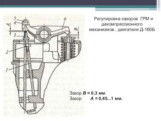 Регулировка зазоров ГРМ и декомпрессионного механизмов , двигателя Д-160Б Зазор В =