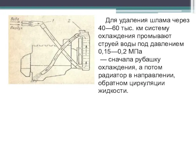 Для удаления шлама через 40—60 тыс. км систему охлаждения промывают струей воды