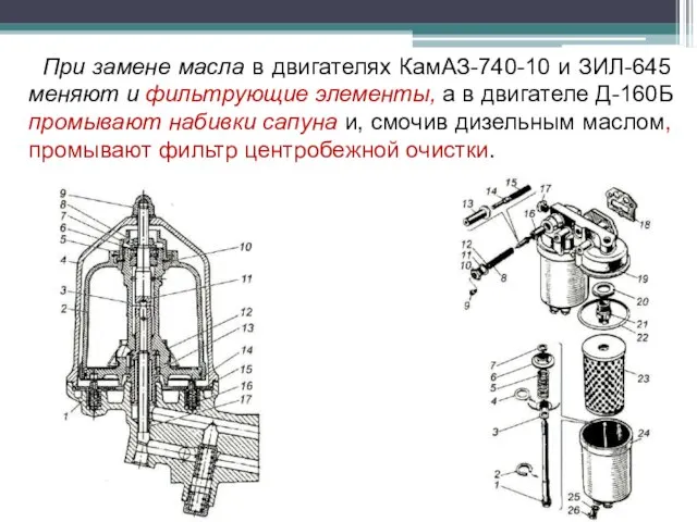 При замене масла в двигателях КамАЗ-740-10 и ЗИЛ-645 меняют и фильтрующие элементы,