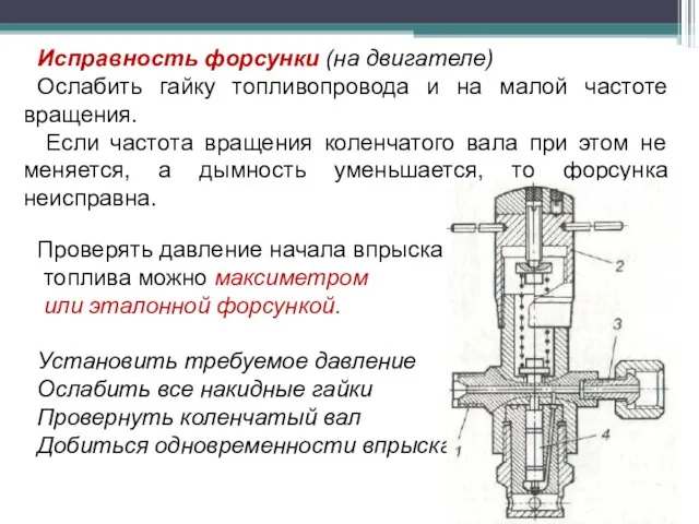 Исправность форсунки (на двигателе) Ослабить гайку топливопровода и на малой частоте вращения.