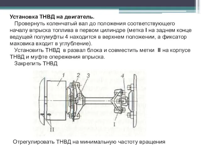 Установка ТНВД на двигатель. Провернуть коленчатый вал до положения соответствующего началу впрыска