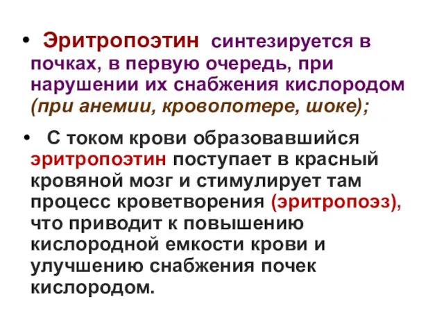 Эритропоэтин синтезируется в почках, в первую очередь, при нарушении их снабжения кислородом