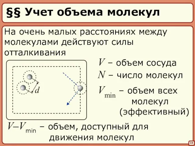 §§ Учет объема молекул 18 На очень малых расстояниях между молекулами действуют