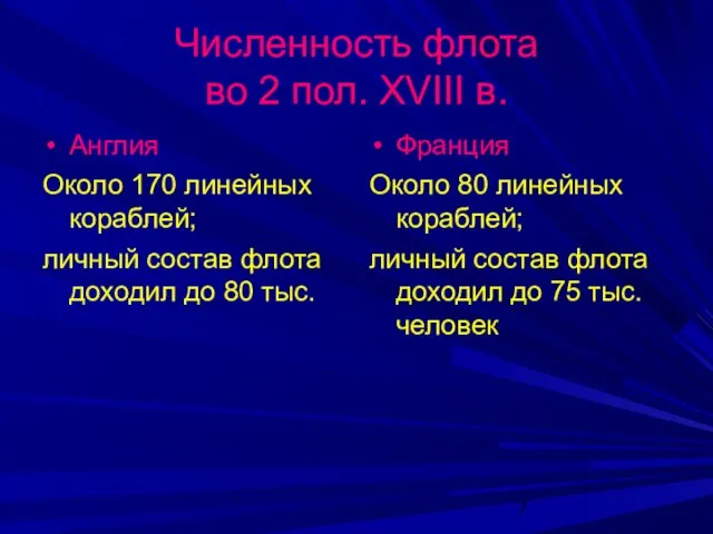 Численность флота во 2 пол. XVIII в. Англия Около 170 линейных кораблей;