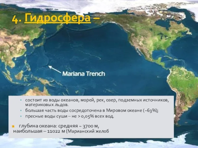 4. Гидросфера – состоит из воды океанов, морей, рек, озер, подземных источников,