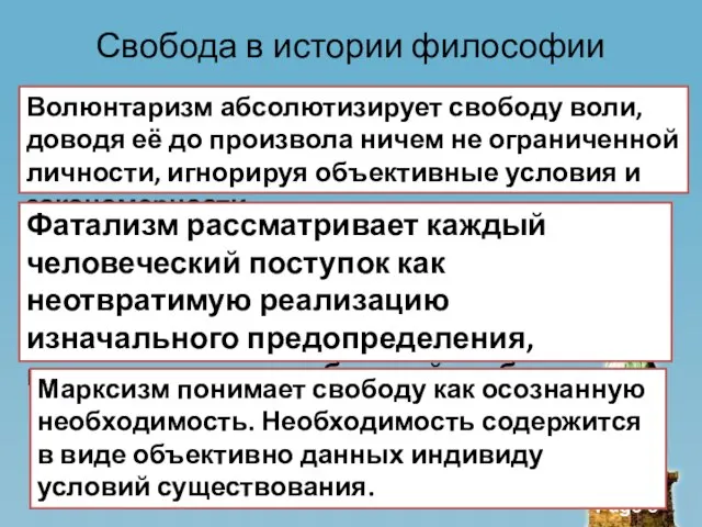 Свобода в истории философии Волюнтаризм абсолютизирует свободу воли, доводя её до произвола