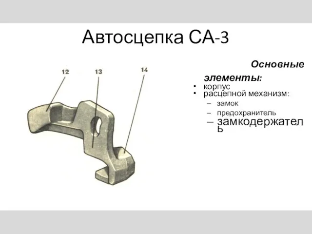 Автосцепка СА-3 Основные элементы: корпус расцепной механизм: замок предохранитель замкодержатель