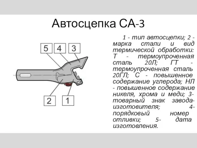 Автосцепка СА-3 1 - тип автосцепки; 2 - марка стали и вид