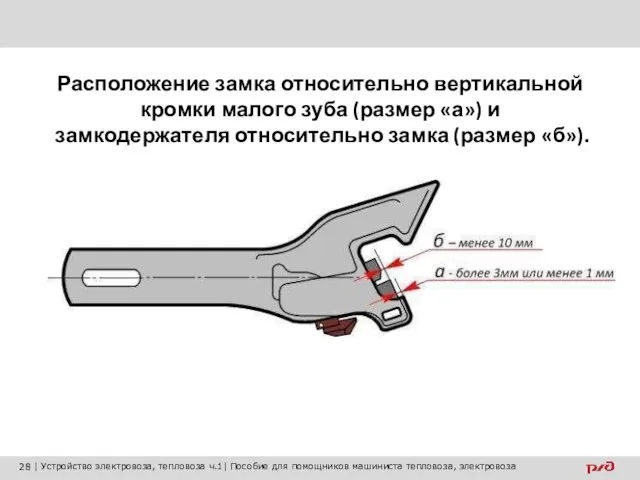 Расположение замка относительно вертикальной кромки малого зуба (размер «а») и замкодержателя относительно замка (размер «б»).