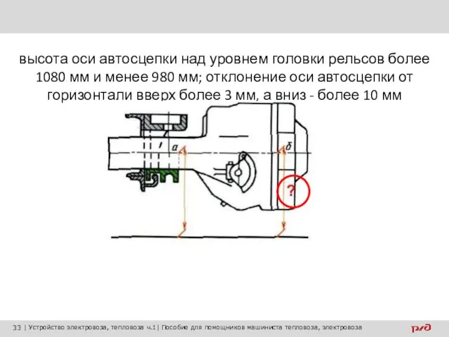 высота оси автосцепки над уровнем головки рельсов более 1080 мм и менее