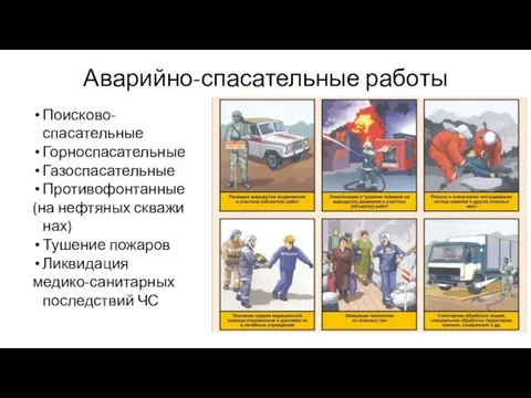 Аварийно-спасательные работы Поисково-спасательные Гор­носпасательные Газоспасательные Противофонтанные (на нефтяных скважи­нах) Тушение пожаров Ликвидация медико-санитарных последствий ЧС