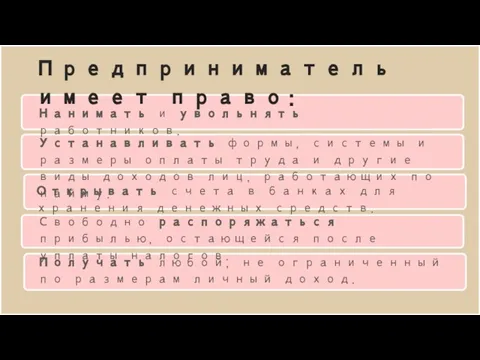 Предприниматель имеет право: Нанимать и увольнять работников. Устанавливать формы, системы и размеры