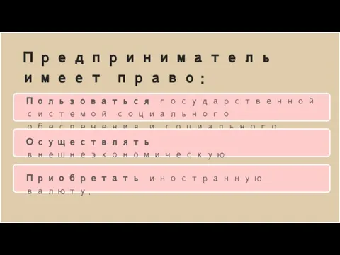 Пользоваться государственной системой социального обеспечения и социального страхования. Осуществлять внешнеэкономическую деятельность. Приобретать