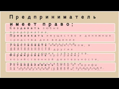 Предприниматель имеет право: Создавать любые предприятия. Привлекать имущество и денежные средства для