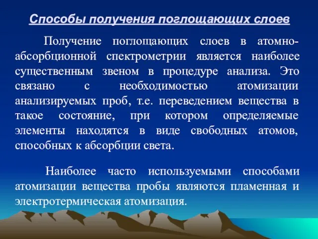 Способы получения поглощающих слоев Получение поглощающих слоев в атомно-абсорбционной спектрометрии является наиболее