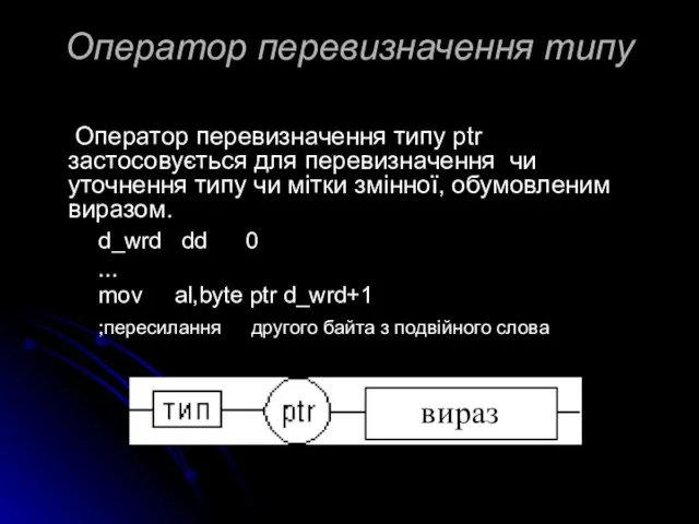 Оператор перевизначення типу Оператор перевизначення типу ptr застосовується для перевизначення чи уточнення