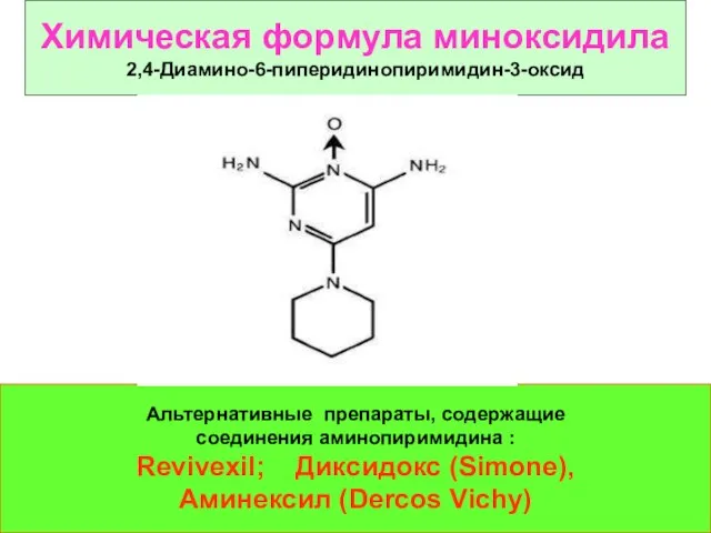 Химическая формула миноксидила 2,4-Диамино-6-пиперидинопиримидин-3-оксид Альтернативные препараты, содержащие соединения аминопиримидина : Revivexil; Диксидокс (Simone), Аминексил (Dercos Vichy)