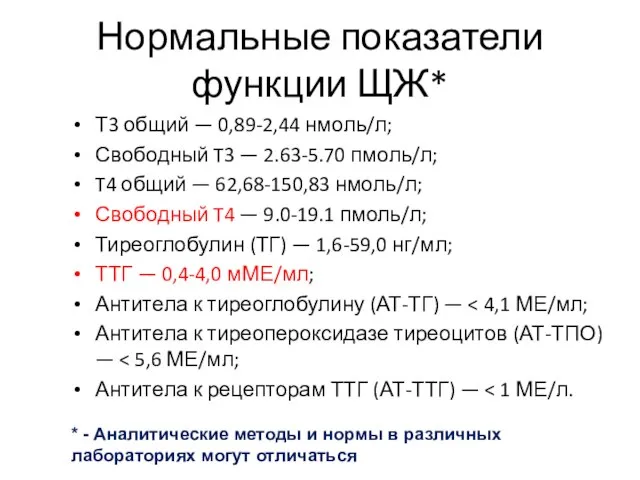 Нормальные показатели функции ЩЖ* Т3 общий — 0,89-2,44 нмоль/л; Свободный T3 —