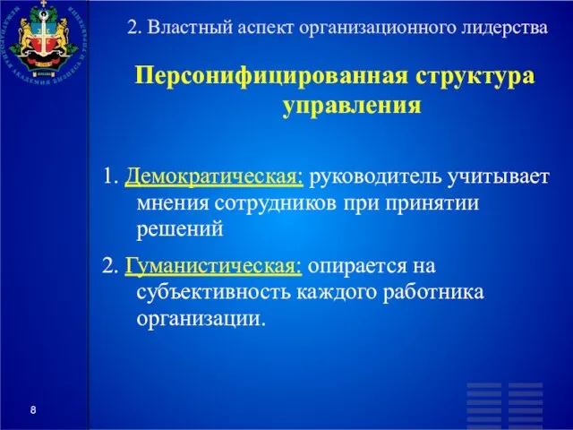 2. Властный аспект организационного лидерства Персонифицированная структура управления 1. Демократическая: руководитель учитывает