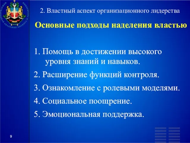 2. Властный аспект организационного лидерства Основные подходы наделения властью 1. Помощь в