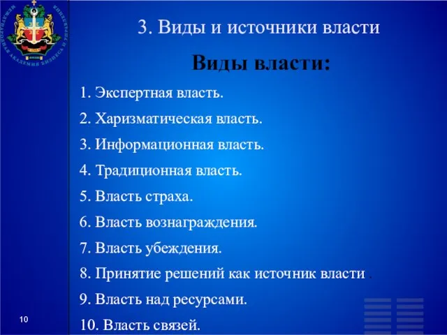 3. Виды и источники власти Виды власти: 1. Экспертная власть. 2. Харизматическая