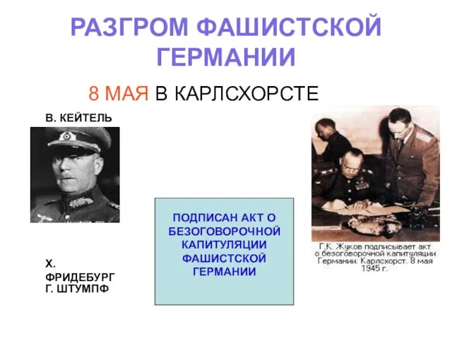 РАЗГРОМ ФАШИСТСКОЙ ГЕРМАНИИ 8 МАЯ В КАРЛСХОРСТЕ В. КЕЙТЕЛЬ Х. ФРИДЕБУРГ Г.