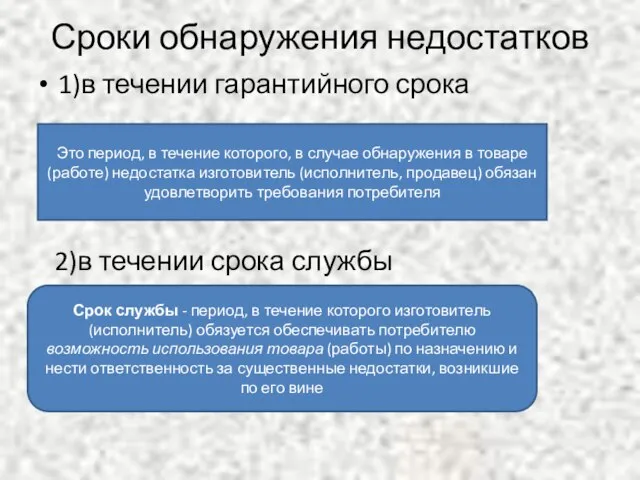 Сроки обнаружения недостатков 1)в течении гарантийного срока Это период, в течение которого,