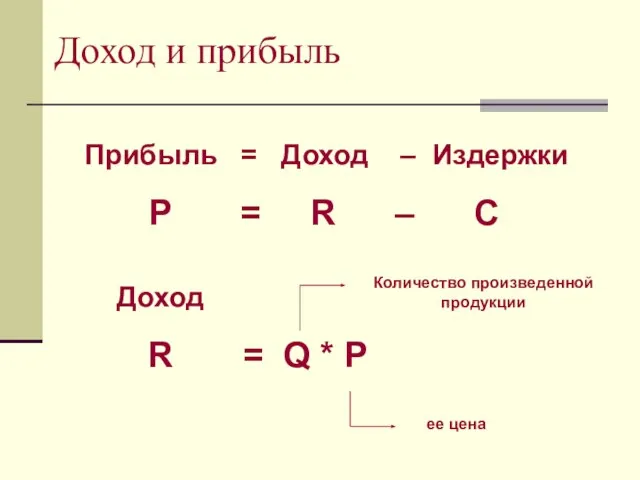 Доход и прибыль Прибыль = Доход – Издержки P = R –