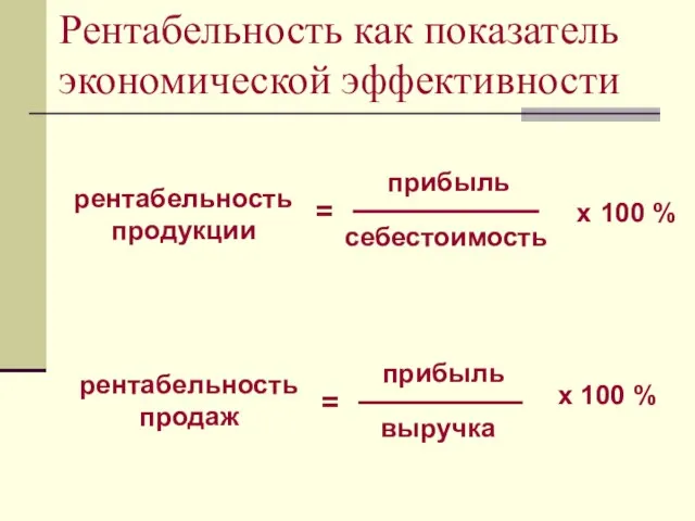 Рентабельность как показатель экономической эффективности рентабельность продукции = прибыль себестоимость х 100