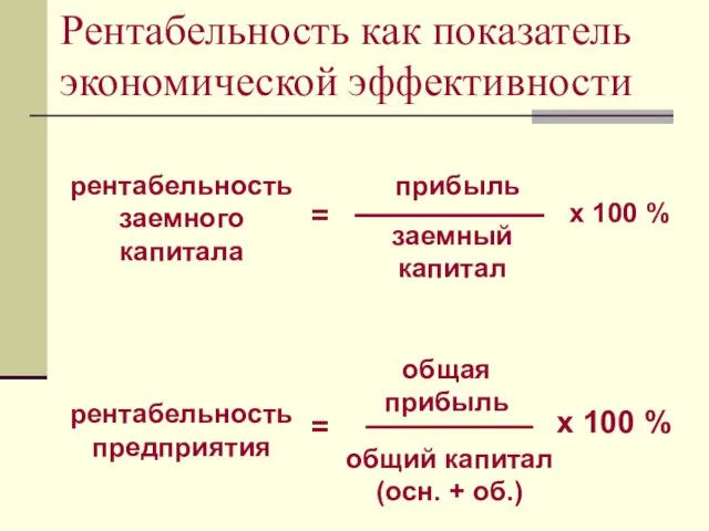 Рентабельность как показатель экономической эффективности рентабельность заемного капитала = прибыль общий капитал