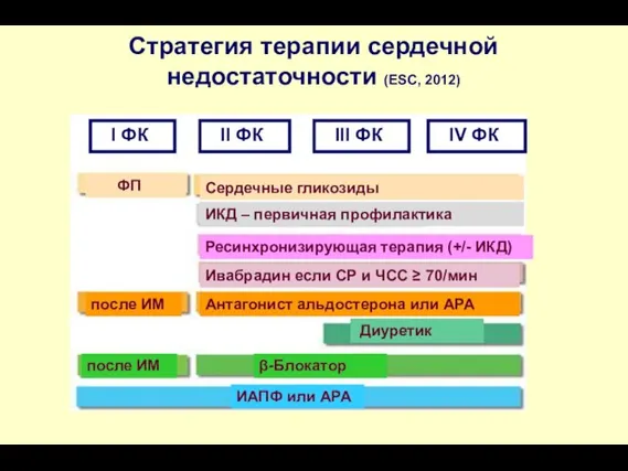 Стратегия терапии сердечной недостаточности (ESC, 2012) I ФК II ФК III ФК