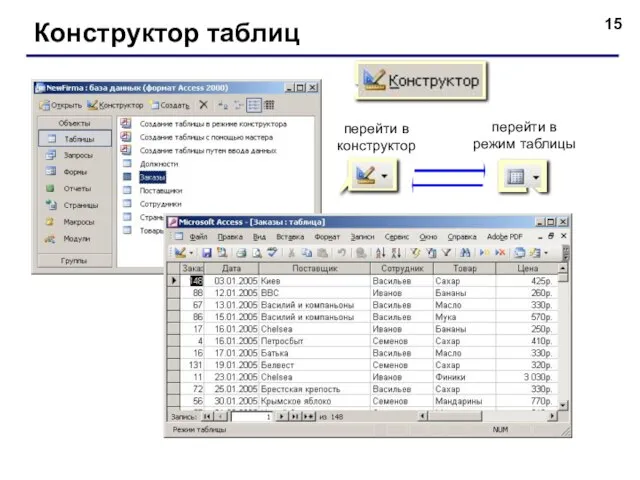 Конструктор таблиц перейти в конструктор перейти в режим таблицы