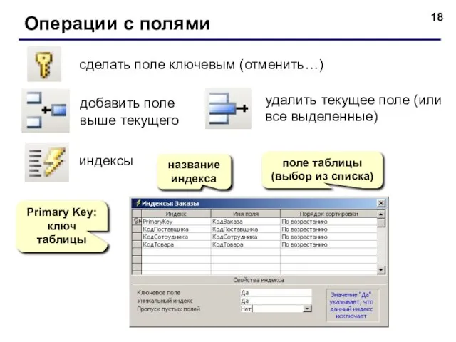 Операции с полями сделать поле ключевым (отменить…) добавить поле выше текущего удалить