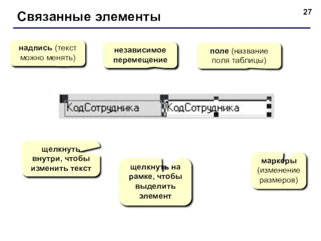 Связанные элементы надпись (текст можно менять) поле (название поля таблицы) маркеры (изменение