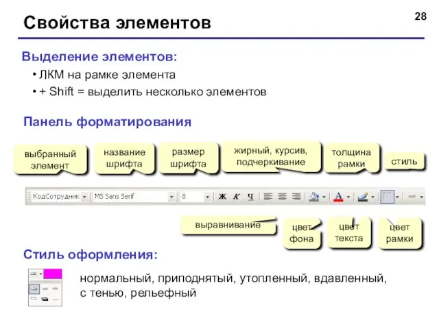 Свойства элементов Панель форматирования выбранный элемент название шрифта размер шрифта жирный, курсив,