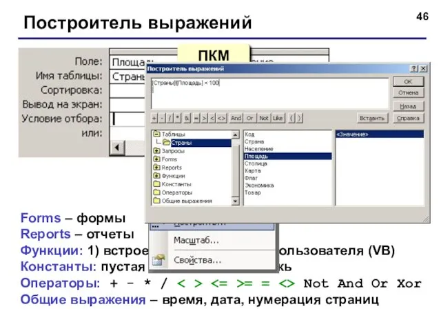 Построитель выражений Forms – формы Reports – отчеты Функции: 1) встроенные; 2)