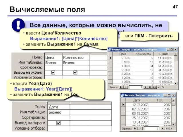 Вычисляемые поля ввести Цена*Количество Выражение1: [Цена]*[Количество] заменить Выражение1 на Сумма ввести Year(Дата)