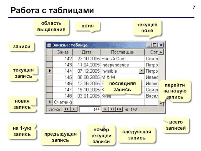 Работа с таблицами поля записи текущая запись область выделения новая запись на