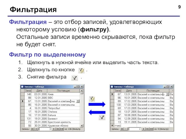 Фильтрация Фильтрация – это отбор записей, удовлетворяющих некоторому условию (фильтру). Остальные записи