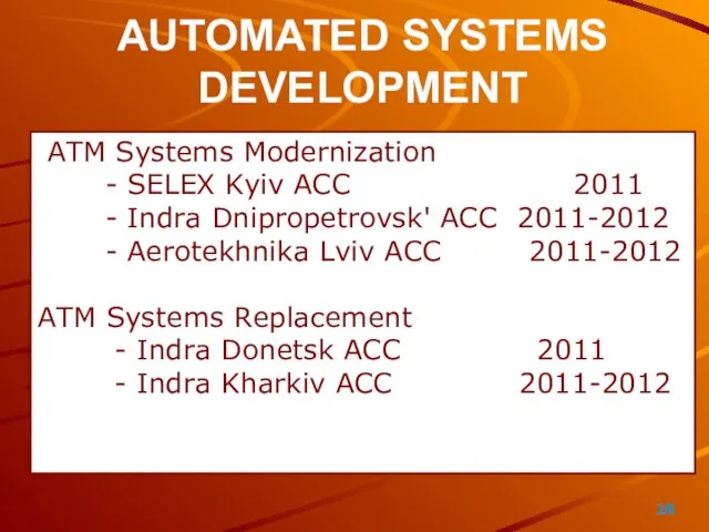 AUTOMATED SYSTEMS DEVELOPMENT ATM Systems Modernization - SELEX Kyiv ACC 2011 -