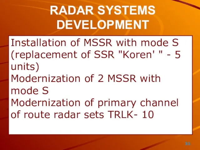 RADAR SYSTEMS DEVELOPMENT Installation of MSSR with mode S (replacement of SSR