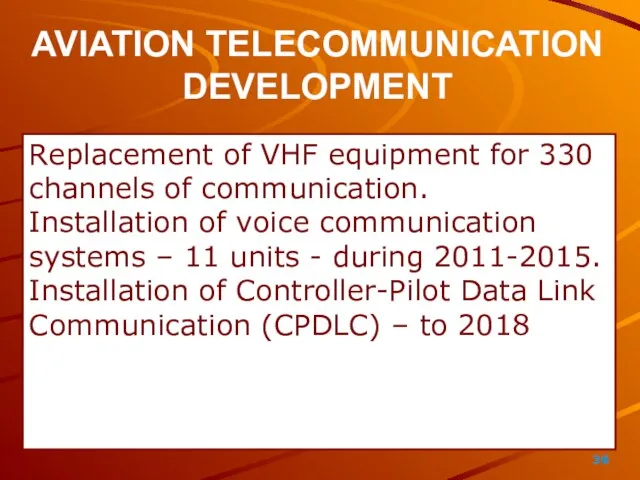 AVIATION TELECOMMUNICATION DEVELOPMENT Replacement of VHF equipment for 330 channels of communication.