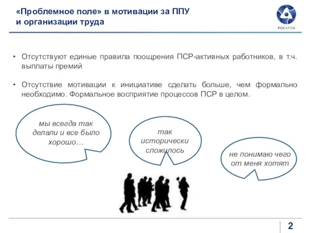 «Проблемное поле» в мотивации за ППУ и организации труда Отсутствуют единые правила