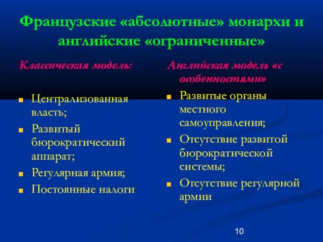 Французские «абсолютные» монархи и английские «ограниченные» Классическая модель: Централизованная власть; Развитый бюрократический