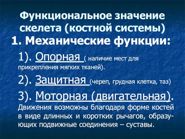 Функциональное значение скелета (костной системы) 1. Механические функции: 1). Опорная ( наличие