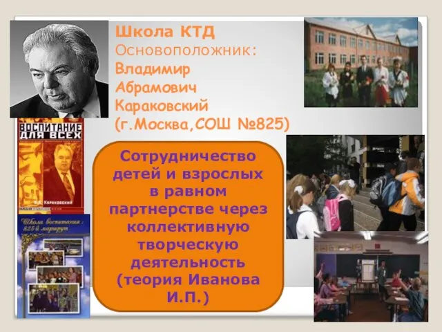 Школа КТД Основоположник: Владимир Абрамович Караковский (г.Москва,СОШ №825) Сотрудничество детей и взрослых