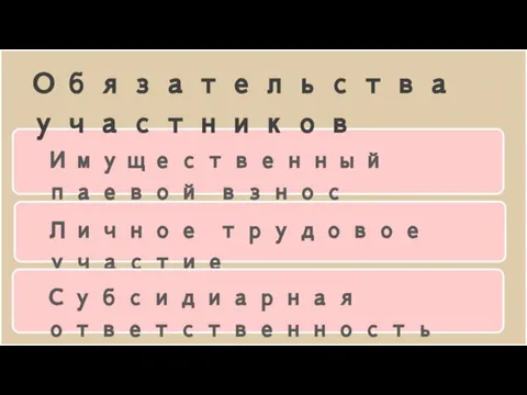 Обязательства участников Имущественный паевой взнос Личное трудовое участие Субсидиарная ответственность