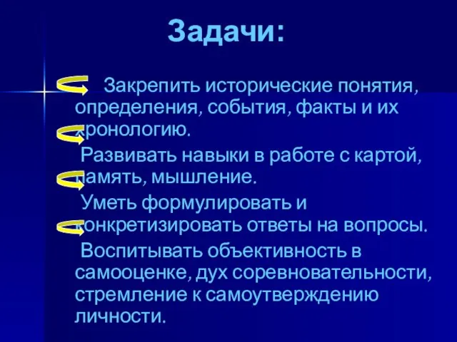 Задачи: Закрепить исторические понятия, определения, события, факты и их хронологию. Развивать навыки