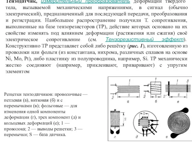 Рещетки тензодатчиков: проволочные — петлевая (а), витковая (б) и с перемычками (в);