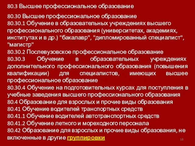 80.3 Высшее профессиональное образование 80.30 Высшее профессиональное образование 80.30.1 Обучение в образовательных